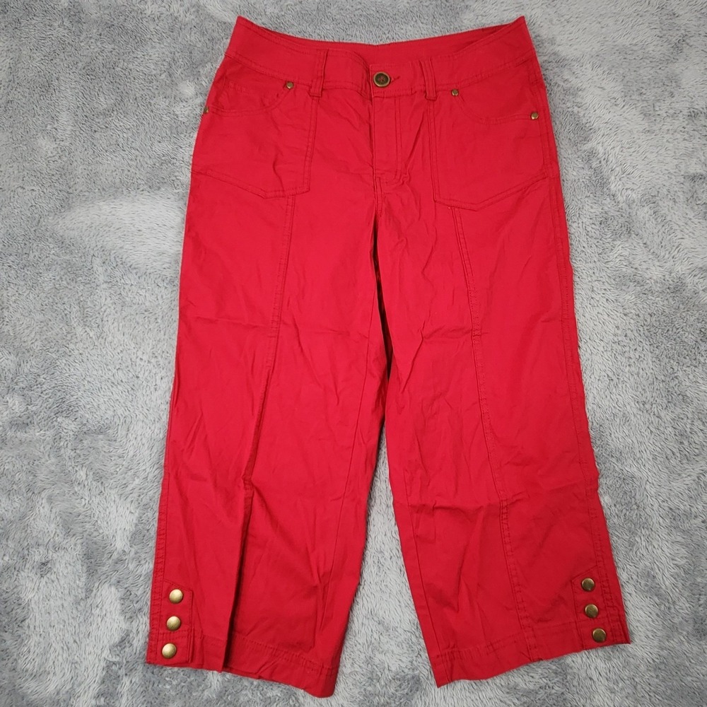 Kim Rogers Capris Women 8 Red Cropped Pants Stretch Seam‎ Detail Button Hem